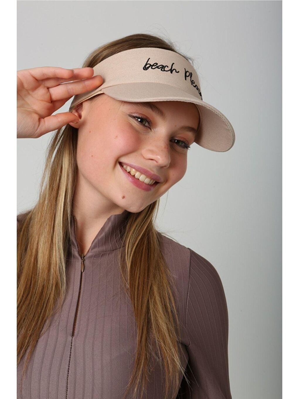 Kadın Beach Please Yazı Nakışlı Bej Vizör - Tenisçi - Golf / Siperlik Şapka Spk73-4