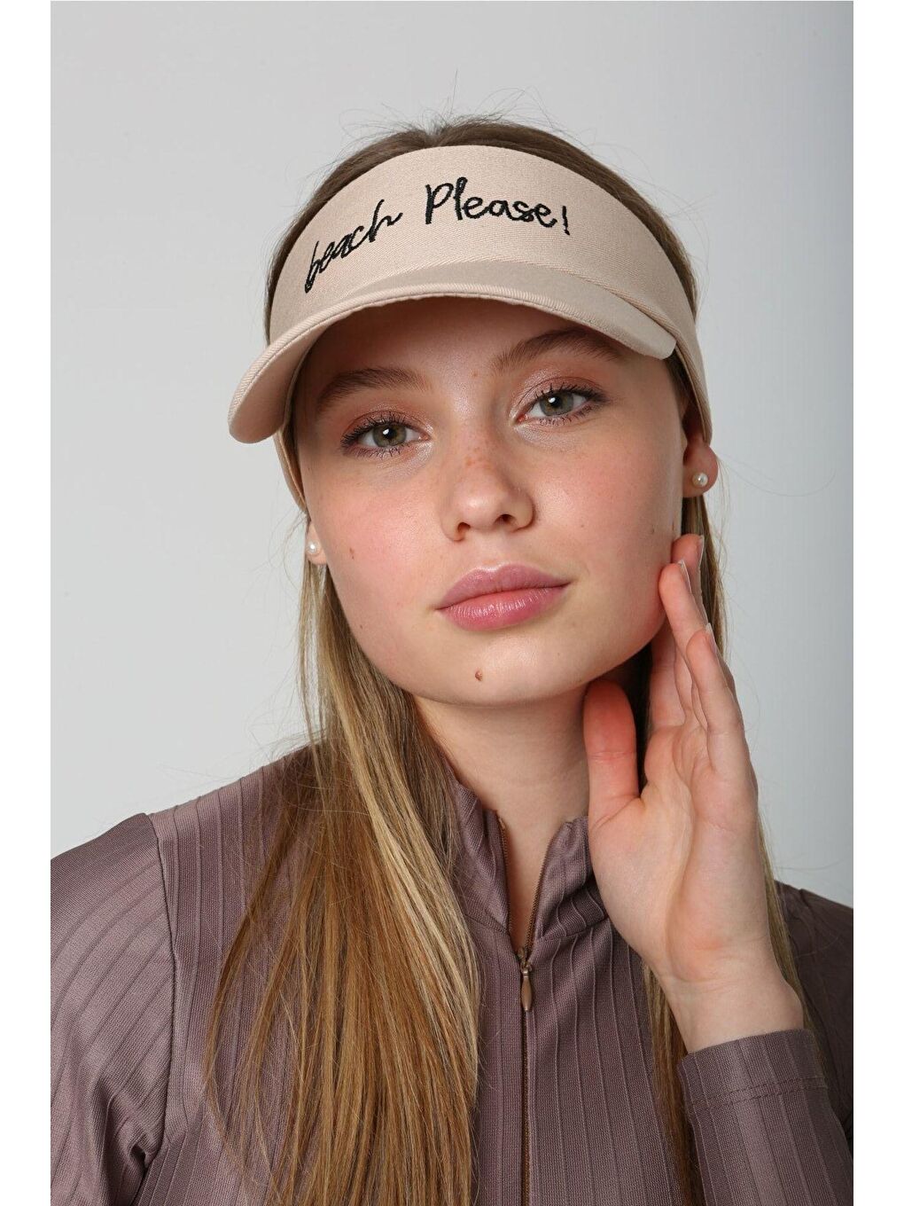 Kadın Beach Please Yazı Nakışlı Bej Vizör - Tenisçi - Golf / Siperlik Şapka Spk73-5