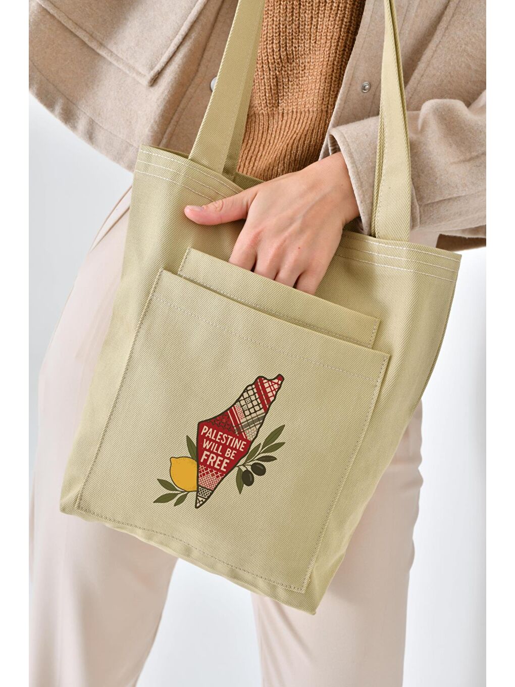 2 Cepli Filistin Baskılı Bej Gabardin Çanta