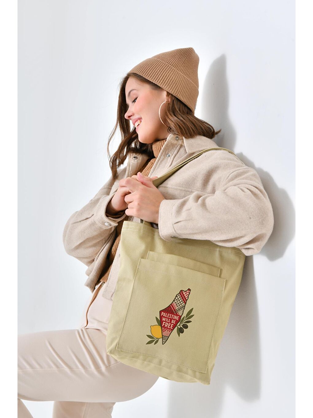 2 Cepli Filistin Baskılı Bej Gabardin Çanta-1