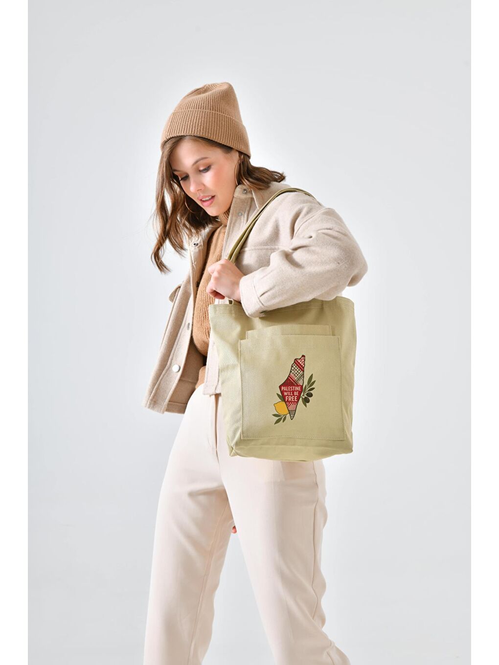 2 Cepli Filistin Baskılı Bej Gabardin Çanta-2