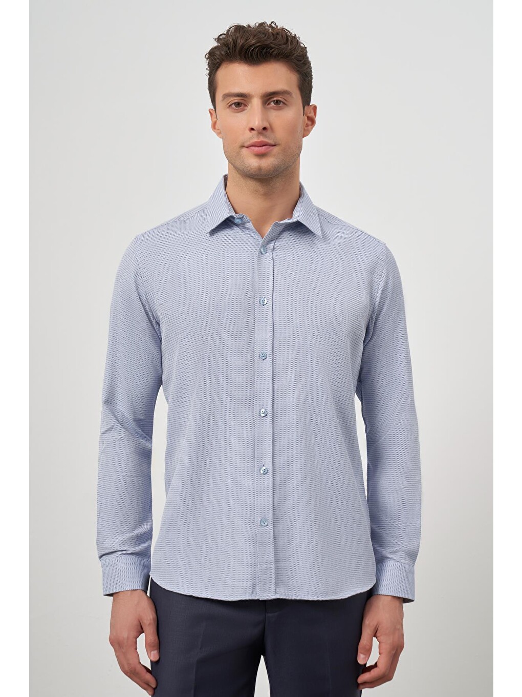 Koyu Mavi Uzun Kol Kendinden Armürlü Cepsiz Pamuklu Classic Slim Fit Gömlek 1004245161