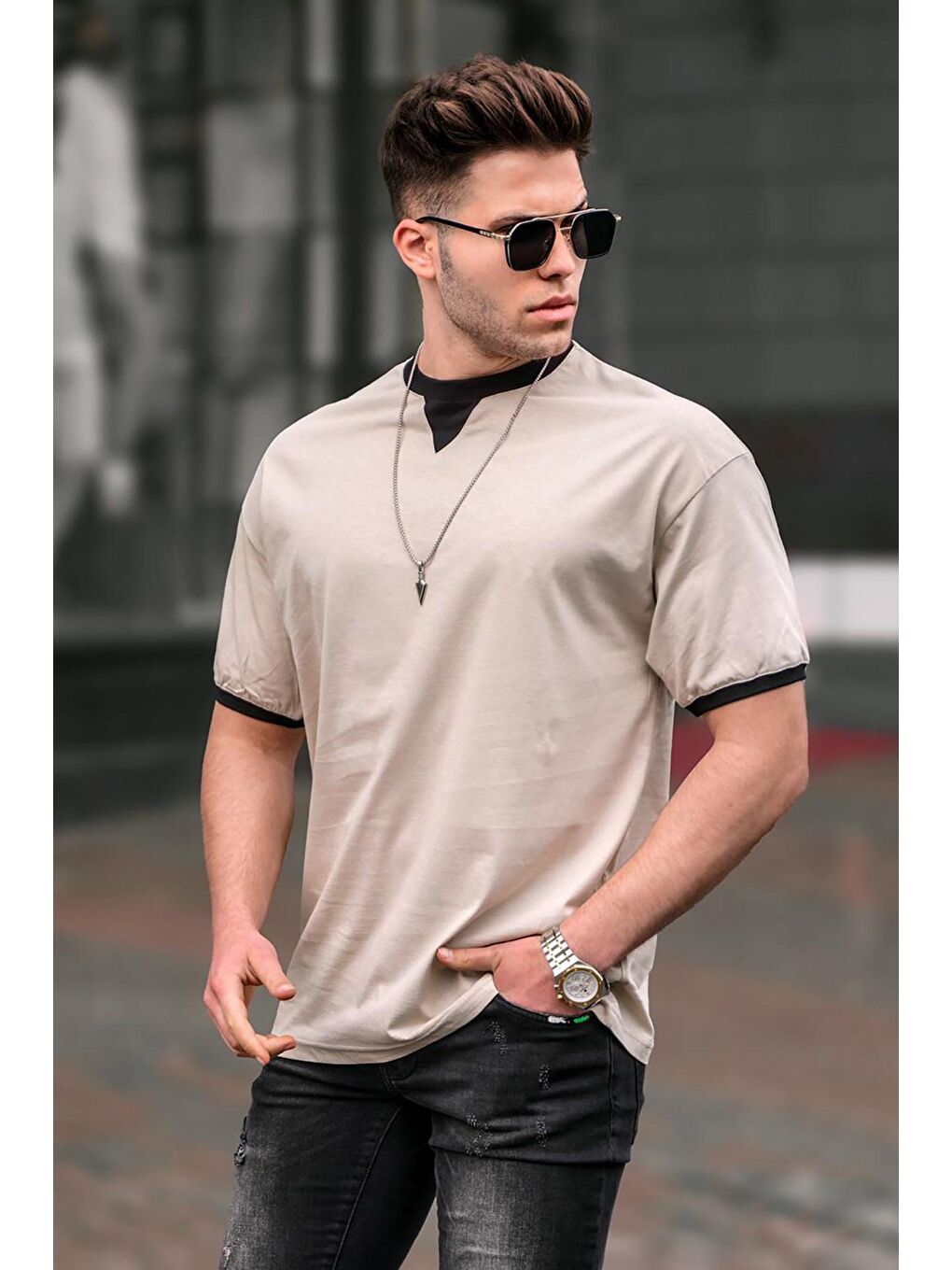 Erkek Bej Basic Tişört 5859