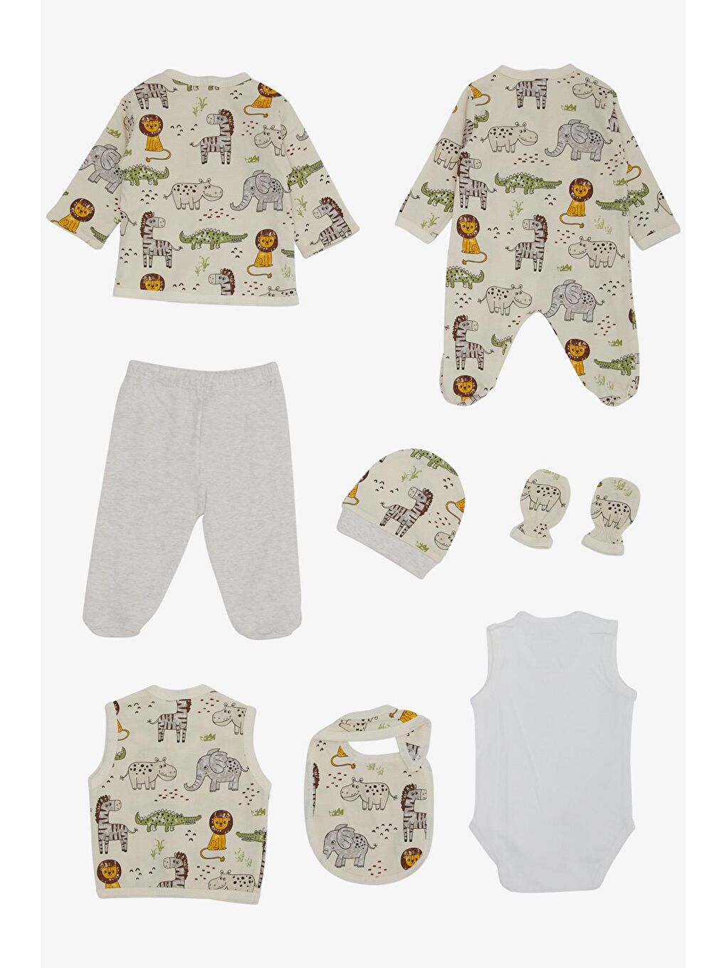 Ekru Erkek Bebek Hastane Çıkışı 8 li Sevimli Hayvancıklar Desenli Krem (0-3 Ay)-1