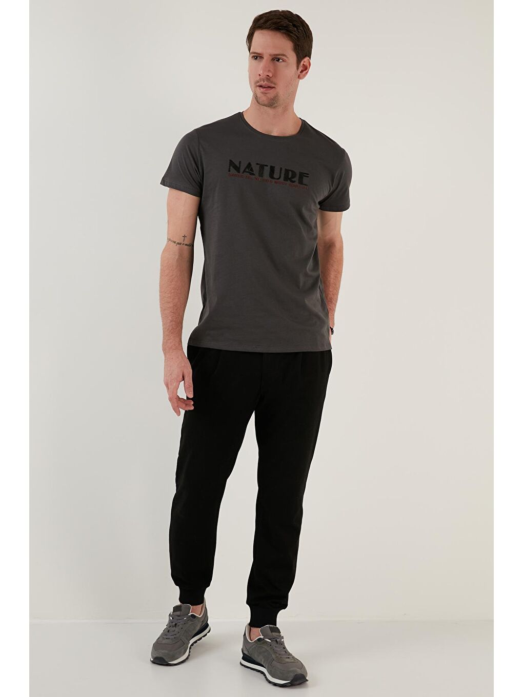 Gri Yazı Baskılı Bisiklet Yaka %100 Pamuk Slim Fit Tişört 541NATURE-2