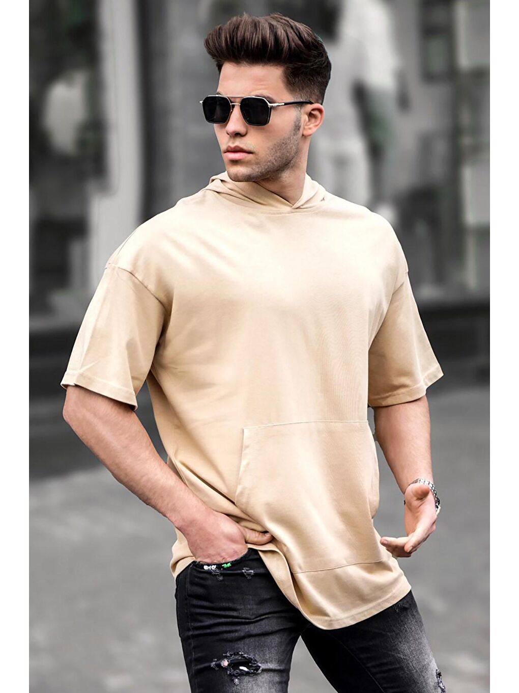Bej Erkek Kapüşonlu Oversize Basic Tişört 5853