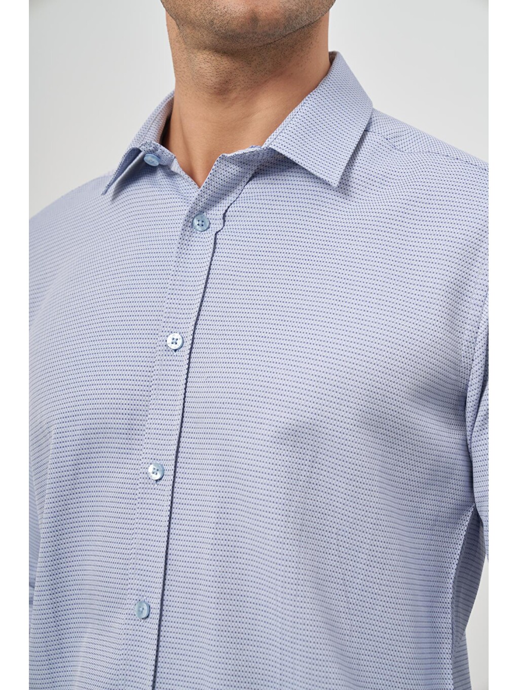 Koyu Mavi Uzun Kol Kendinden Armürlü Cepsiz Pamuklu Classic Slim Fit Gömlek 1004245161-5