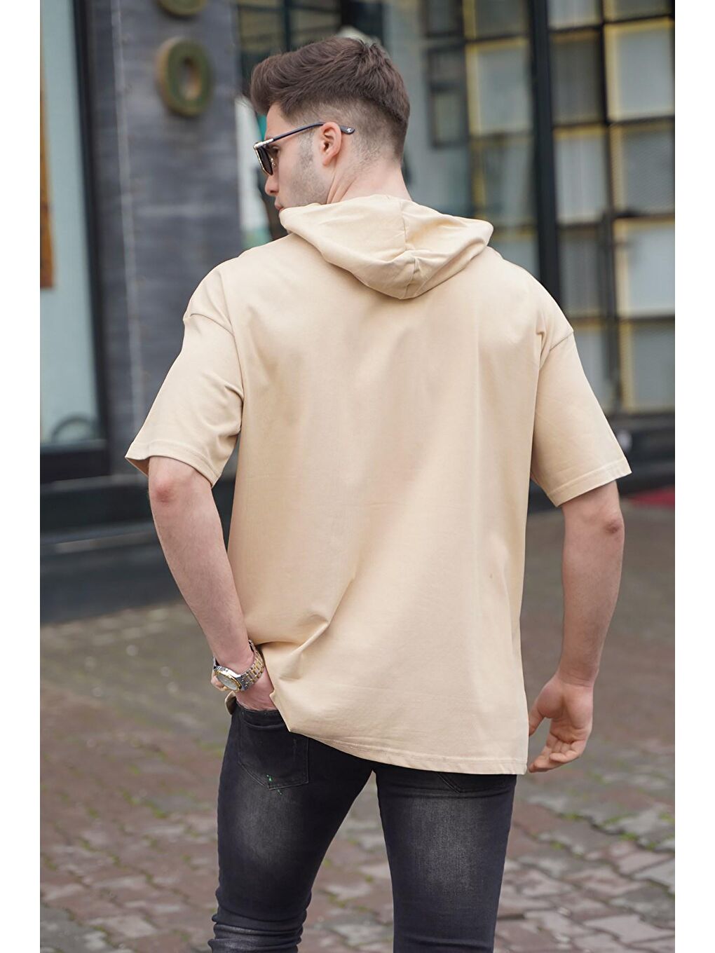 Bej Erkek Kapüşonlu Oversize Basic Tişört 5853-1