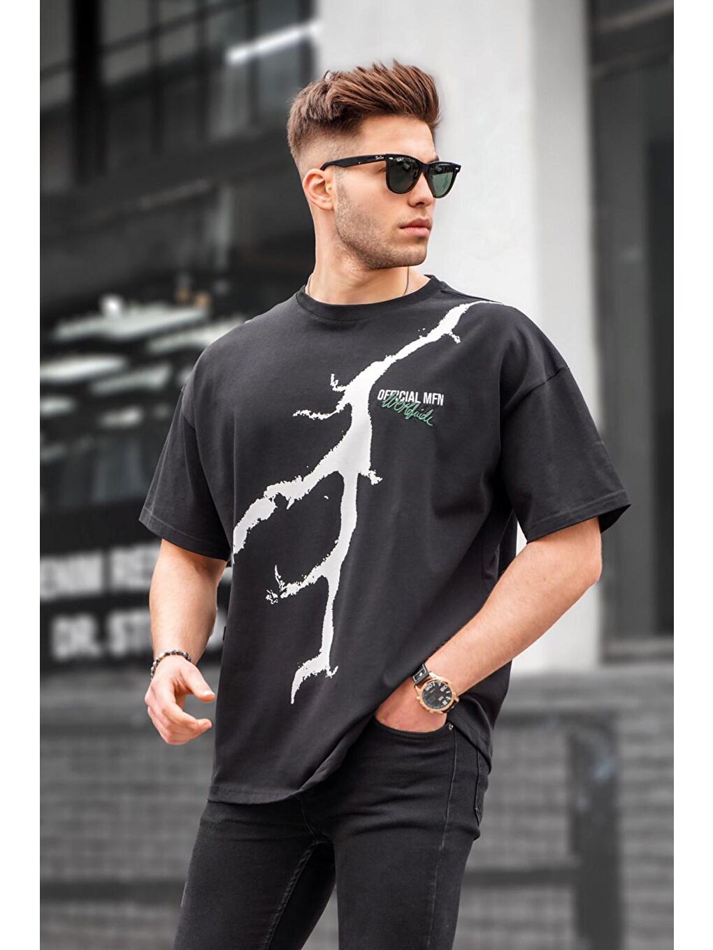 Siyah Desenli Oversize Erkek Tişört