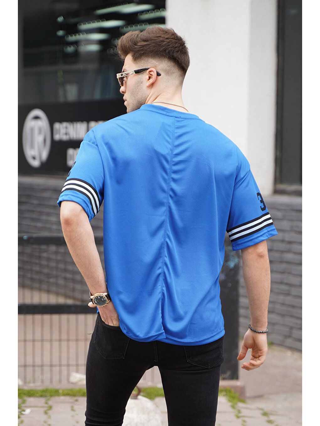 Madmext Mavi Saks Baskılı Oversize Erkek Tişört - 1