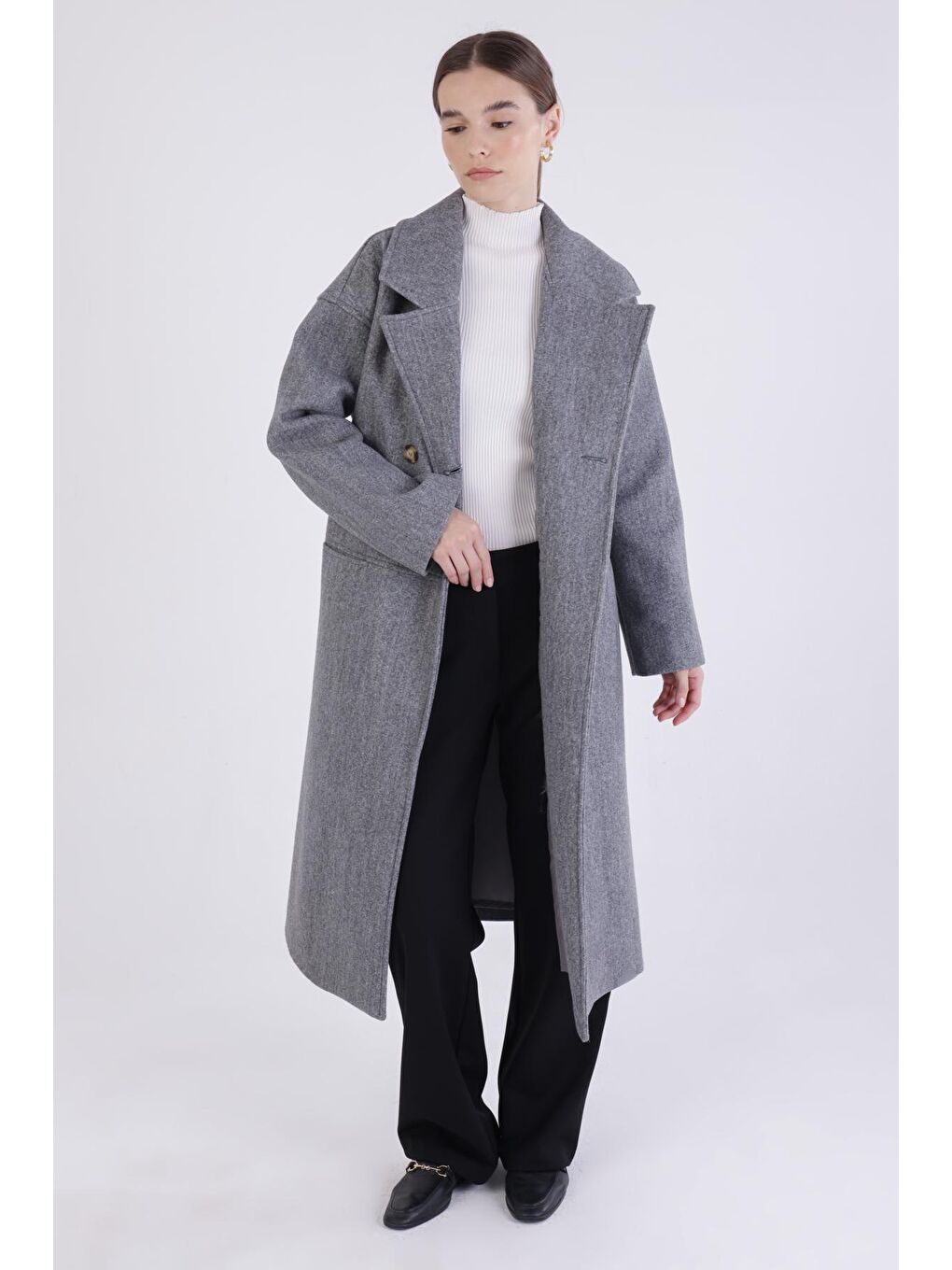 Gri Kruvaze Düğmeli Kaşe Kaban