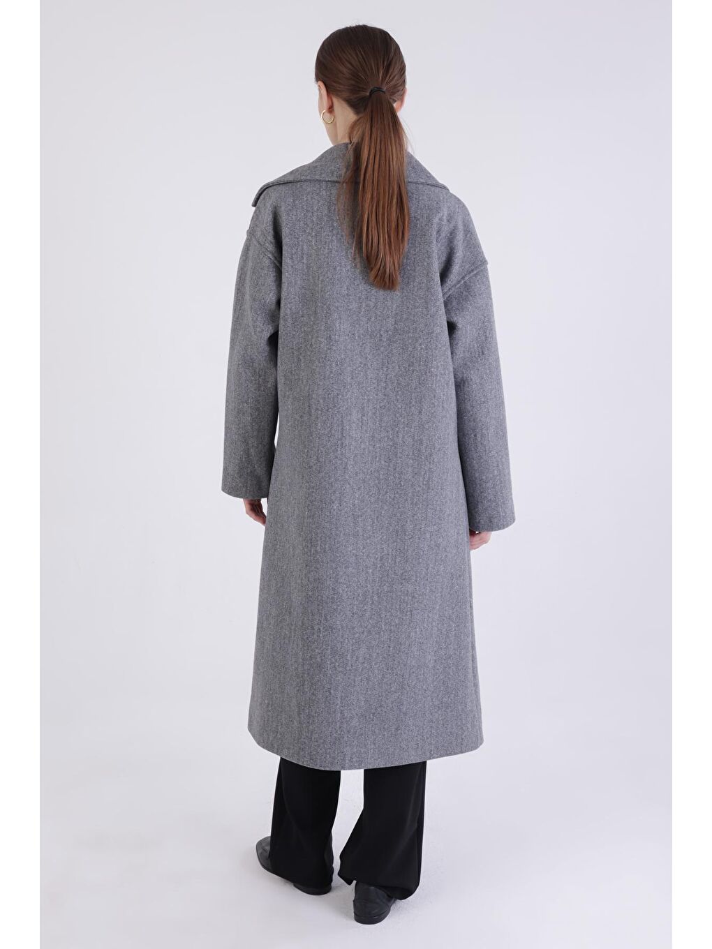 Gri Kruvaze Düğmeli Kaşe Kaban-3