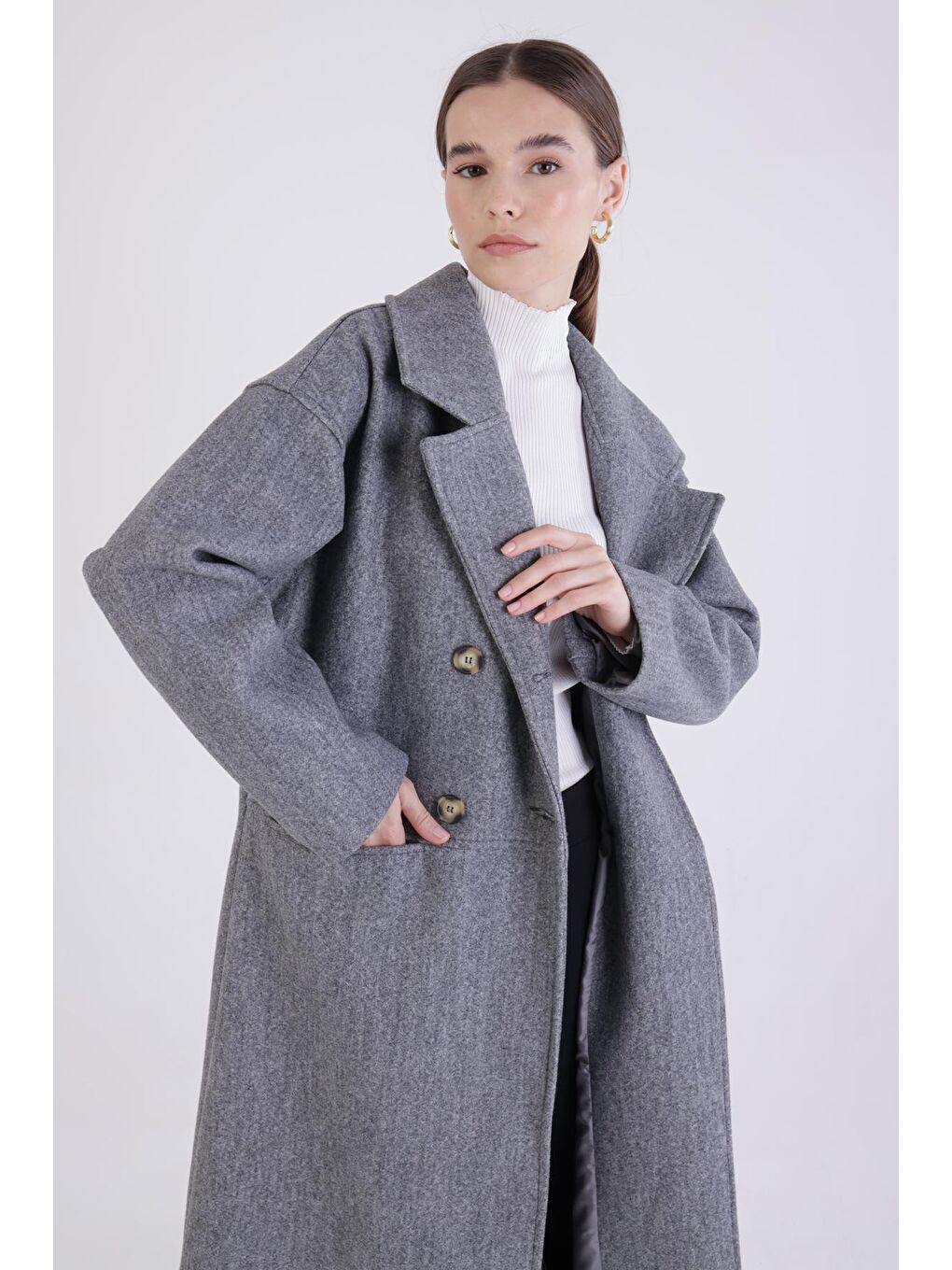 Gri Kruvaze Düğmeli Kaşe Kaban-4