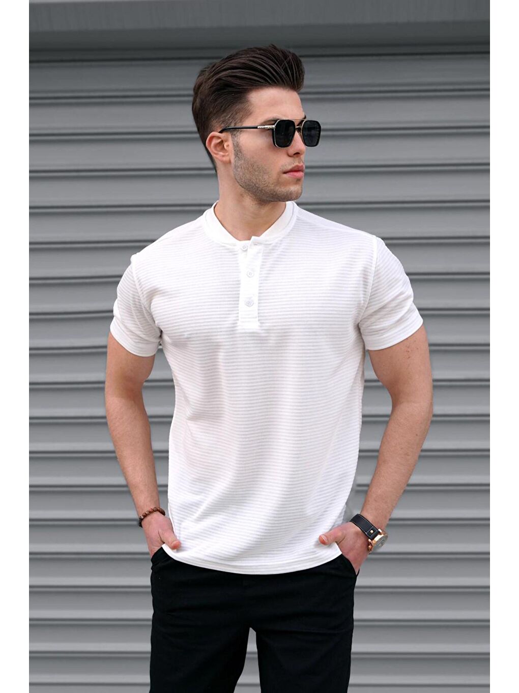 Beyaz Düğmeli Triko Erkek Tişört