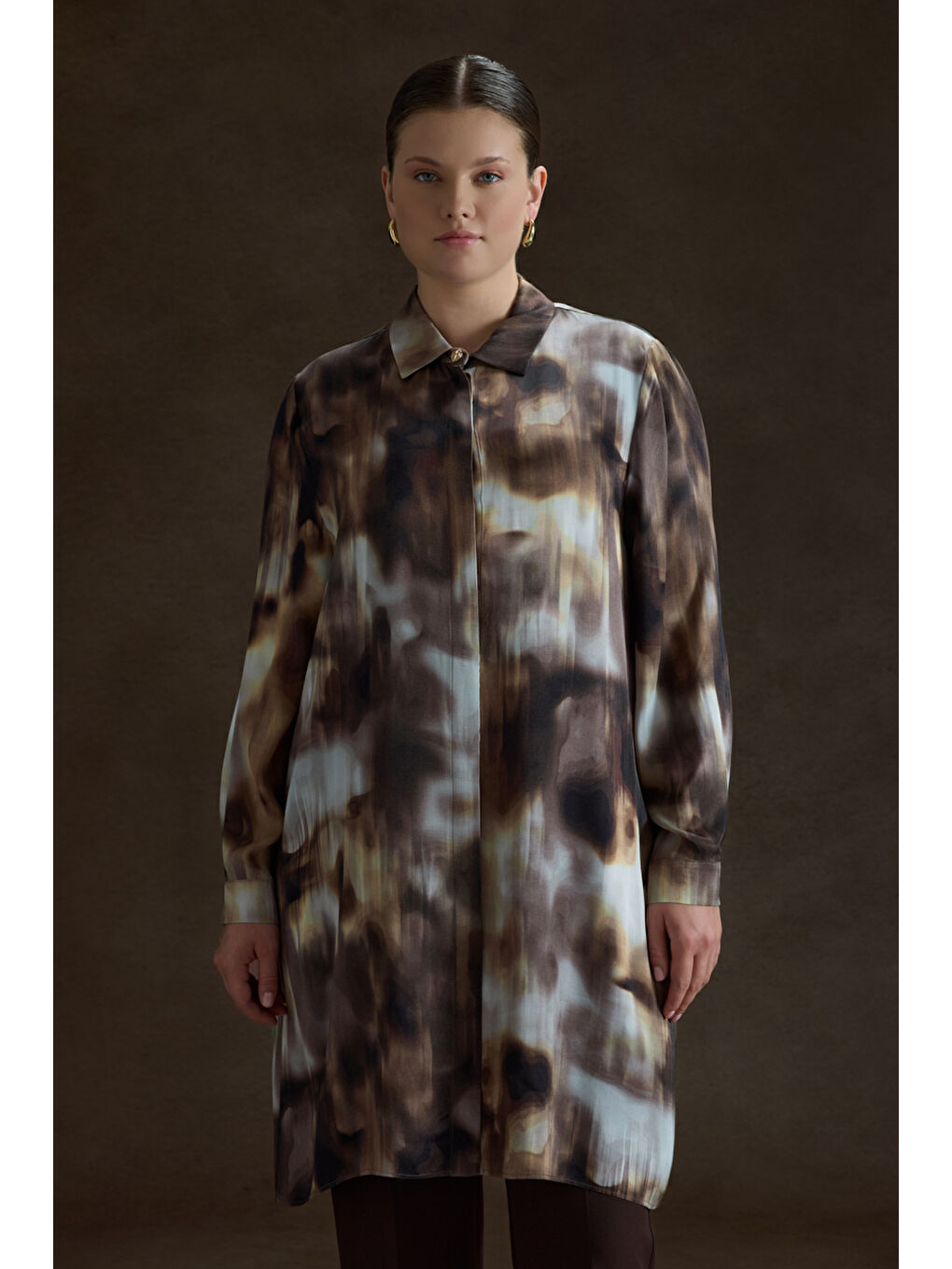 Kahverengi Desenli Viscon Tunik