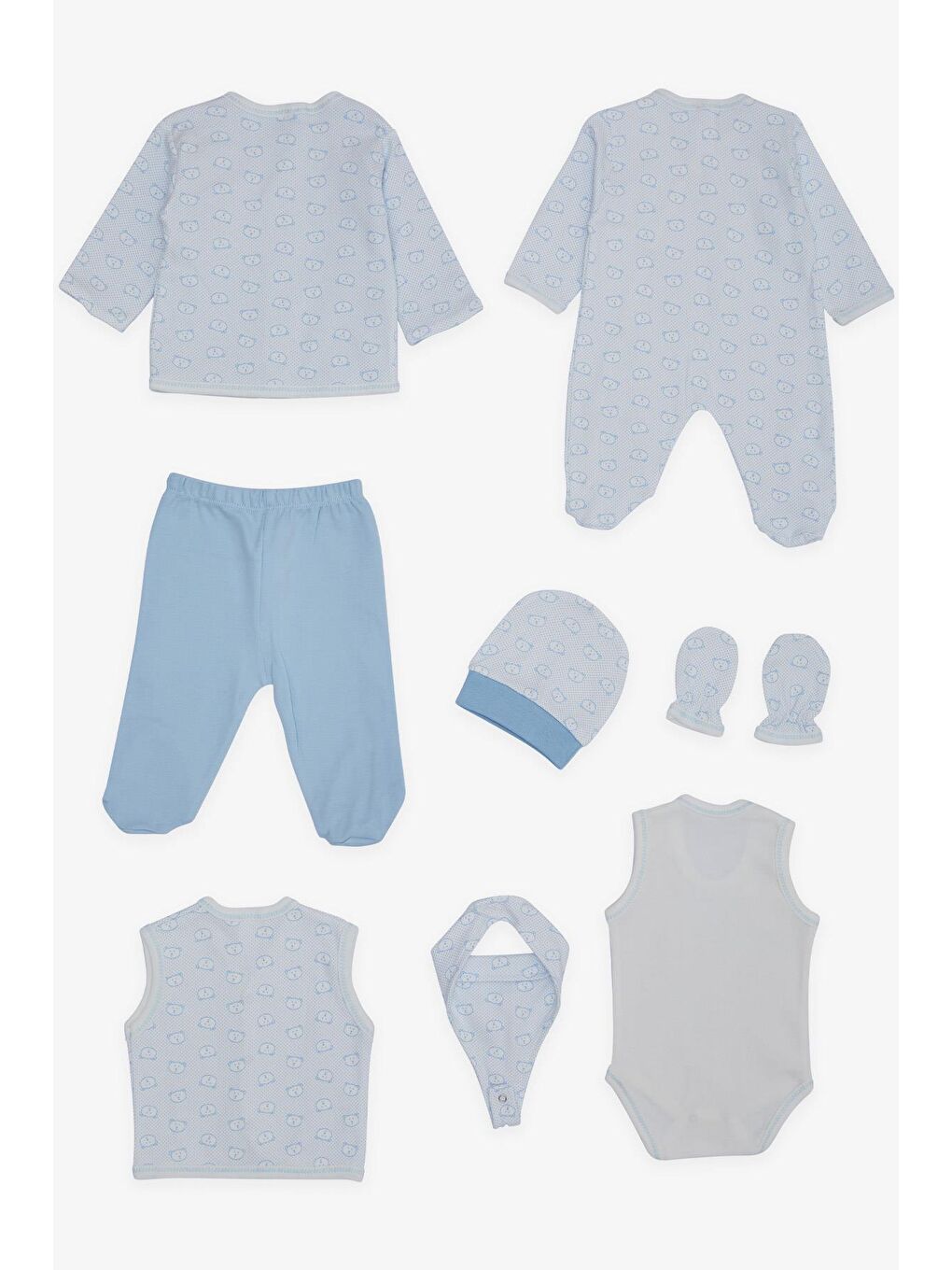 Erkek Bebek Hastane Çıkışı 8 li Puantiyeli Ayıcık Desenli Beyaz (0-3 Ay)-1