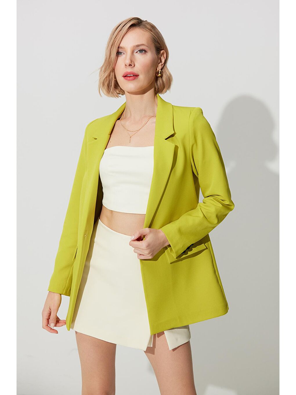 Yağ Yeşili Tek Düğmeli Kruvaze Yaka Blazer Ceket-1