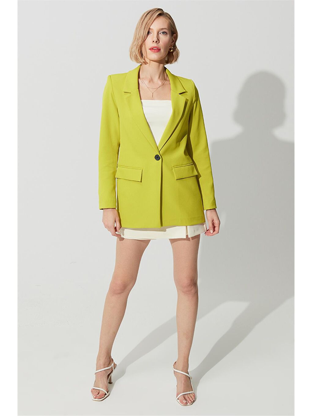 Yağ Yeşili Tek Düğmeli Kruvaze Yaka Blazer Ceket-2