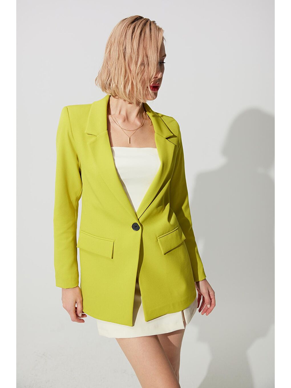 Yağ Yeşili Tek Düğmeli Kruvaze Yaka Blazer Ceket-3