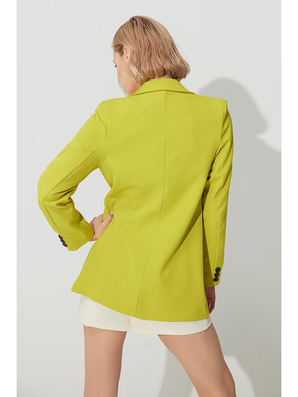 Yağ Yeşili Tek Düğmeli Kruvaze Yaka Blazer Ceket-4