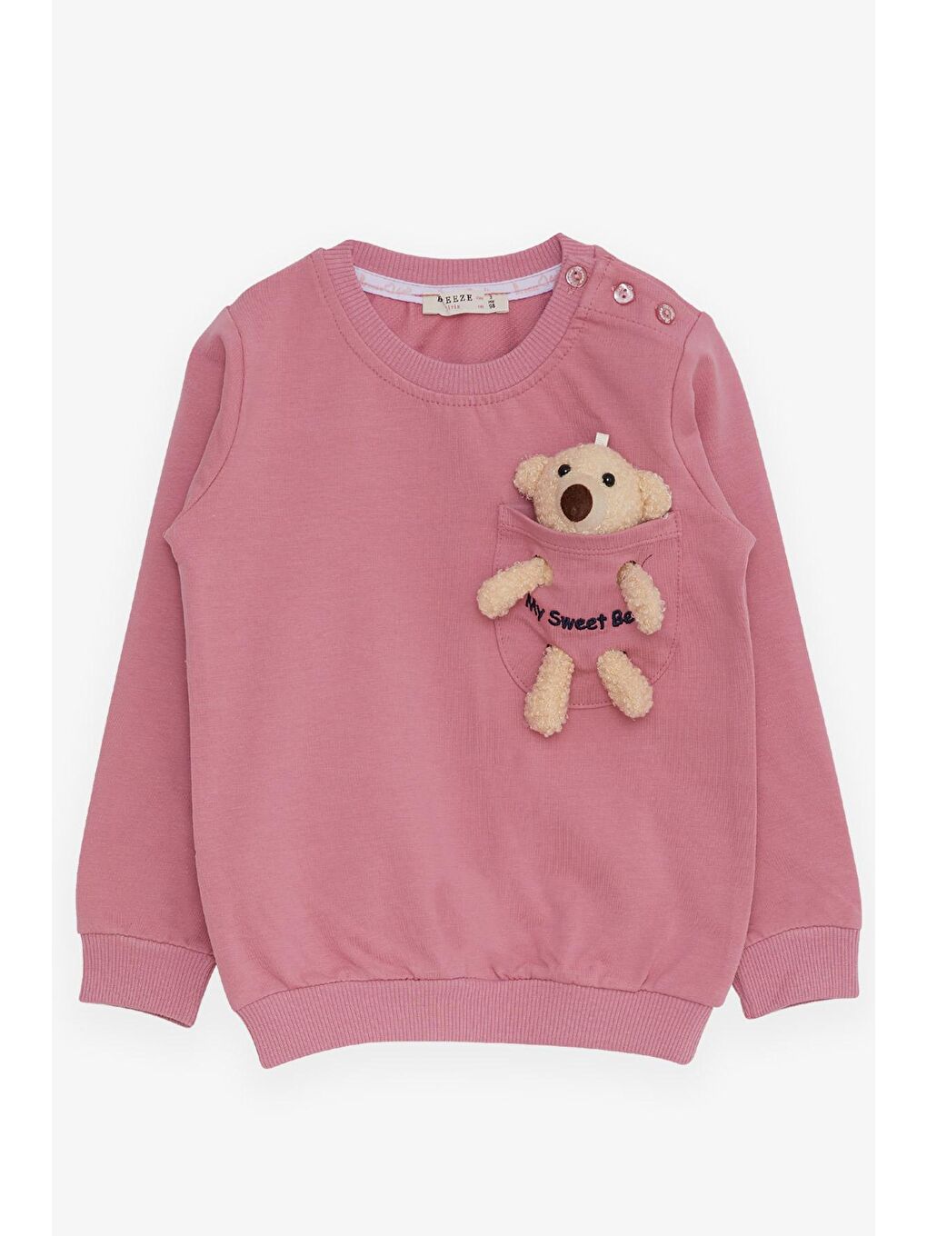 Pembe Kız Çocuk Sweatshirt Ayıcık Aksesuarlı Gülkurusu (1.5-5 Yaş)