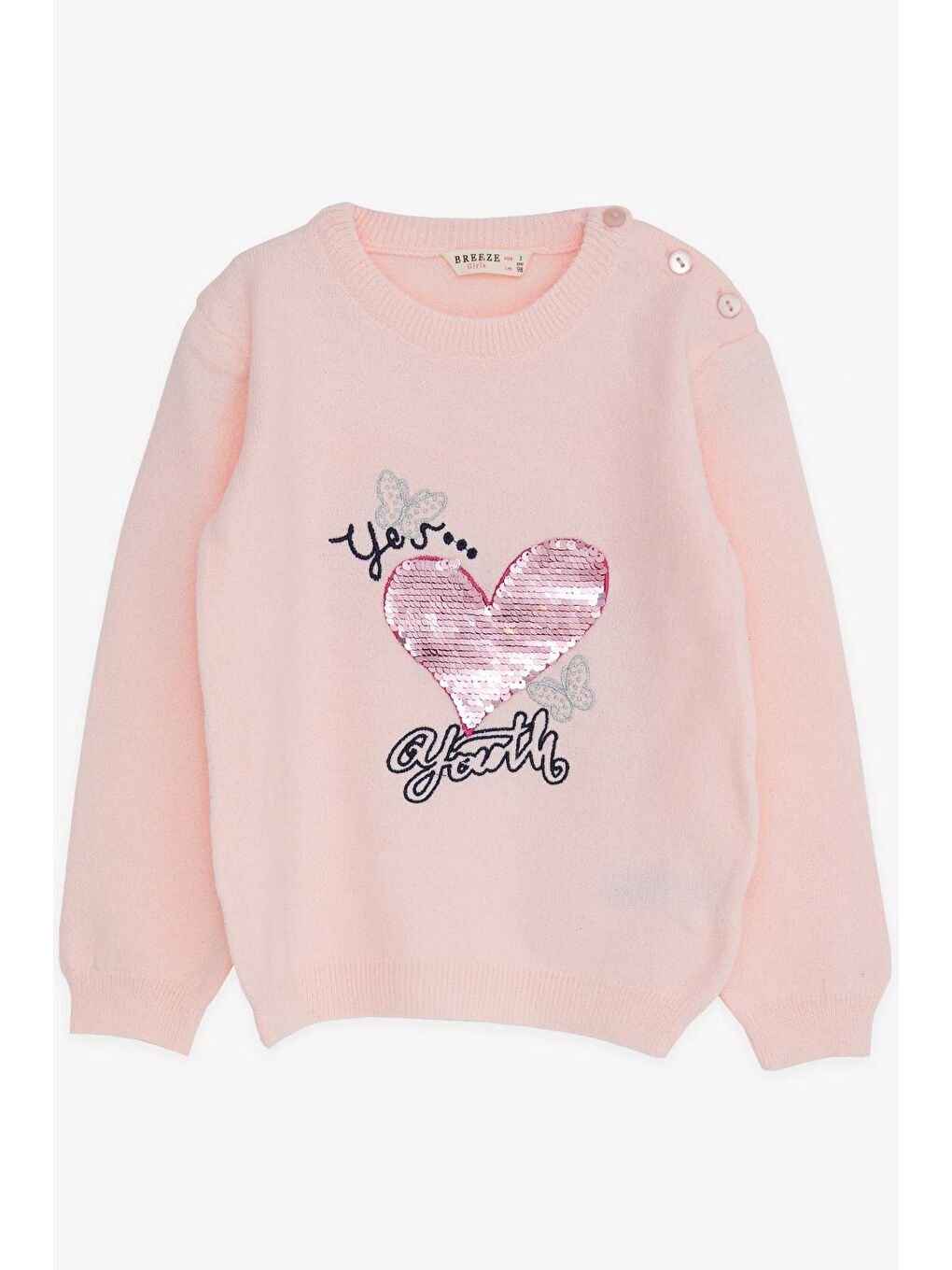 Pembe Kız Çocuk Triko Kazak Pullu Kalp Baskılı Pudra (1.5-4 Yaş)