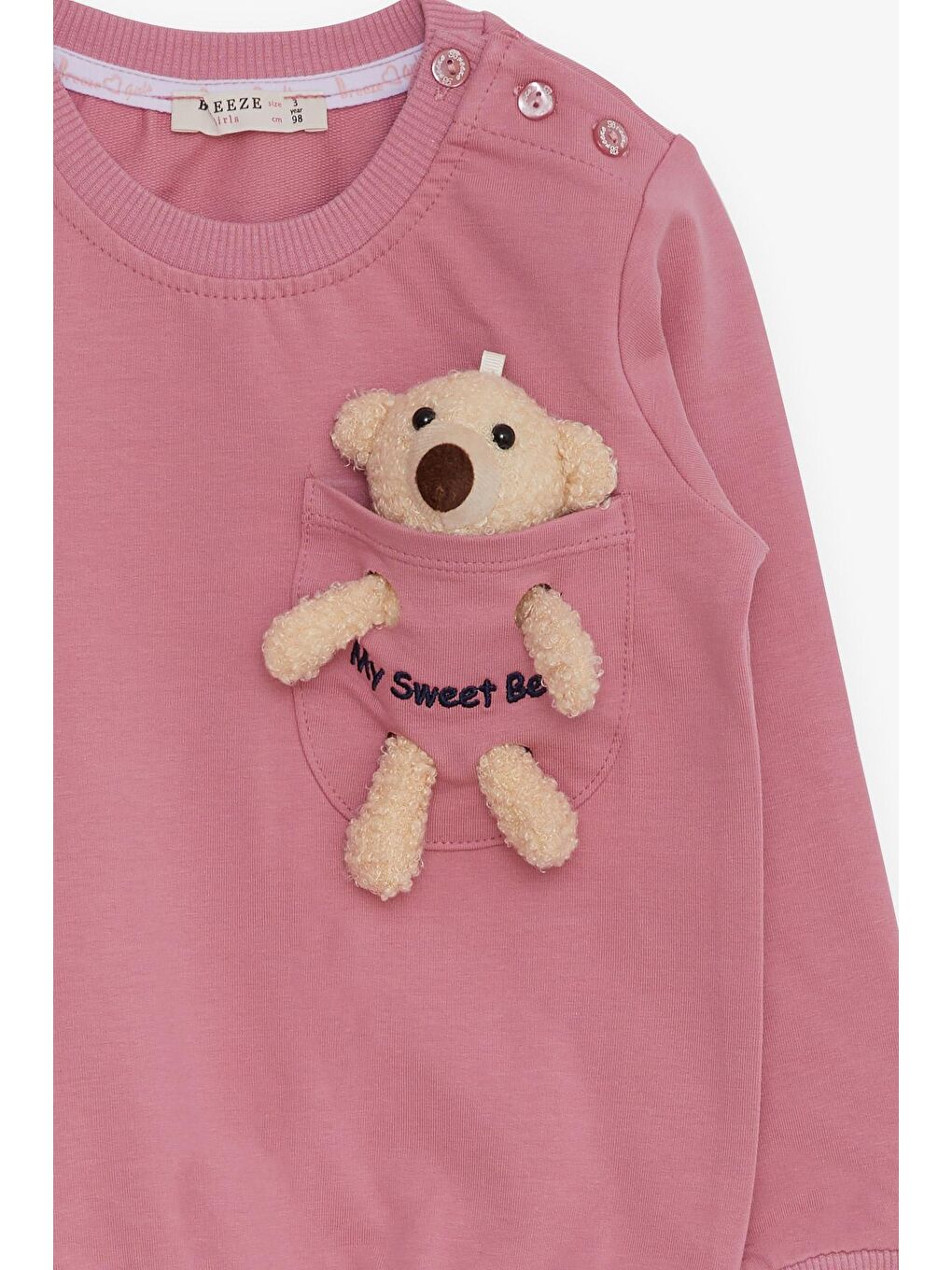 Pembe Kız Çocuk Sweatshirt Ayıcık Aksesuarlı Gülkurusu (1.5-5 Yaş)-1