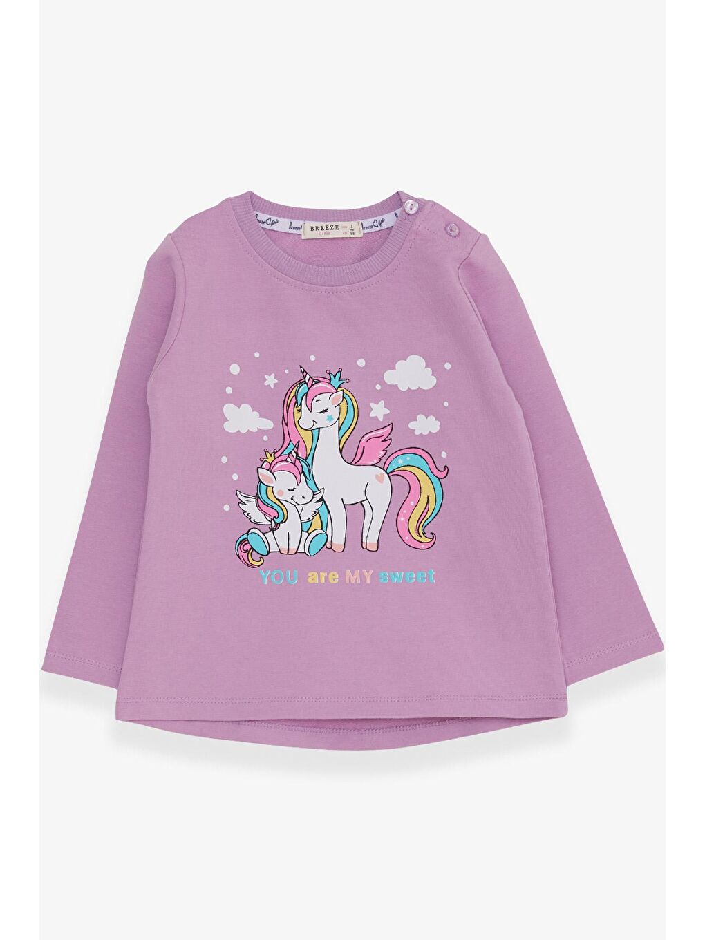 Breeze Eflatun-Beyaz Kız Bebek Sweatshirt Sevimli Unicorn Baskılı Eflatun (1-2 Yaş)