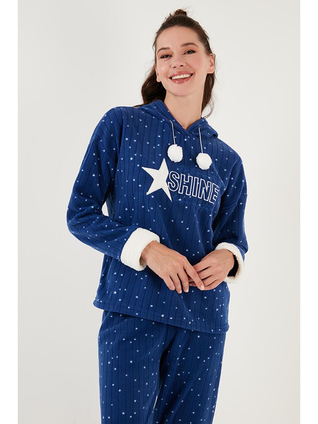 Lacivert Desenli Regular Fit Kapüşonlu Polar Pijama Takımı 6571004-2