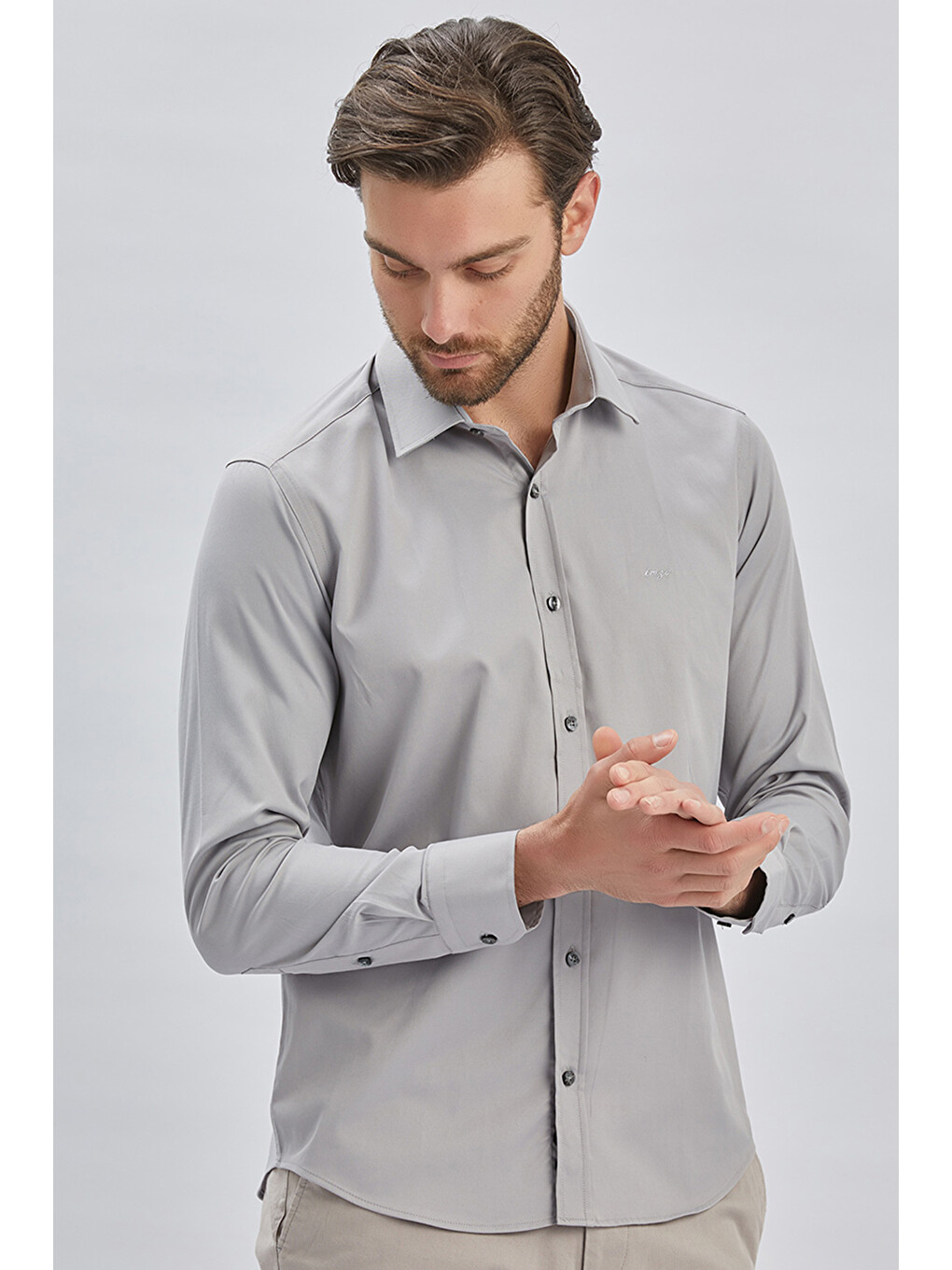 Gri Uzun Kollu Sert Yaka Cepsiz Pamuklu Elastanlı Klasik Slim Fit Dar Kesim Gömlek 1004240234-2