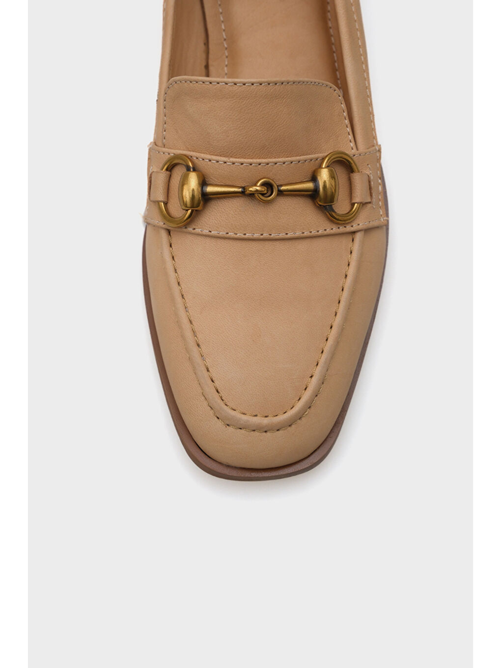 Bej Carly Hakiki Deri Metal Tokalı Kadın Loafer Ayakkabı-3