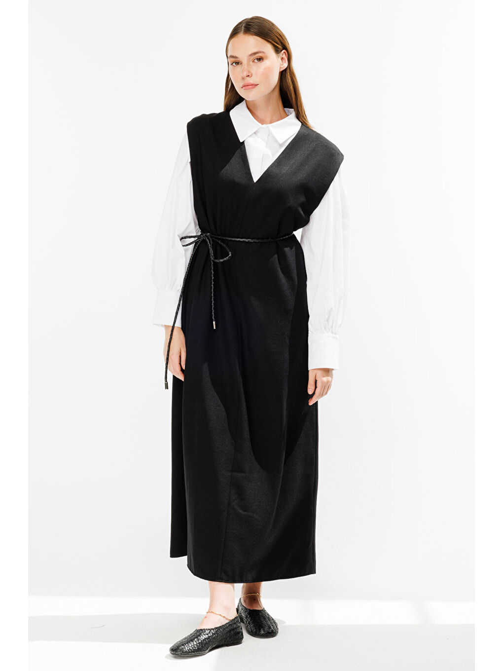 Örgü Motifli İp Kordon Siyah Deri Kemer-2