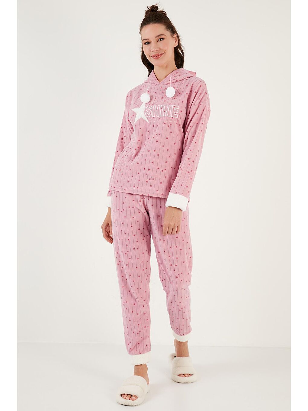 Lela Pudra Pembe Desenli Regular Fit Kapüşonlu Polar Pijama Takımı 6571004 - 1