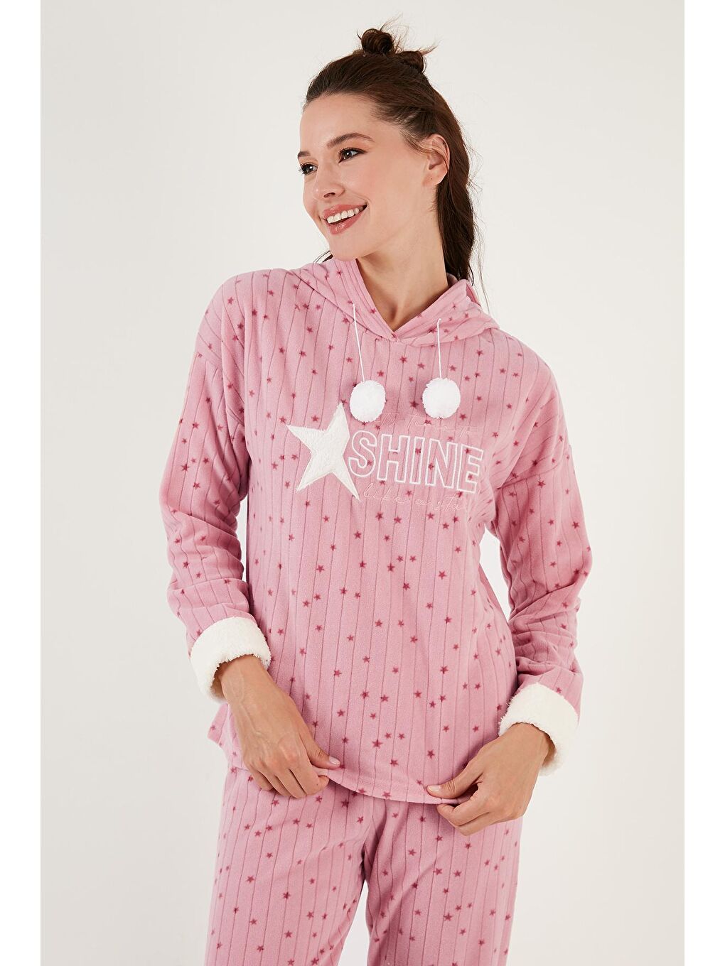 Lela Pudra Pembe Desenli Regular Fit Kapüşonlu Polar Pijama Takımı 6571004 - 2