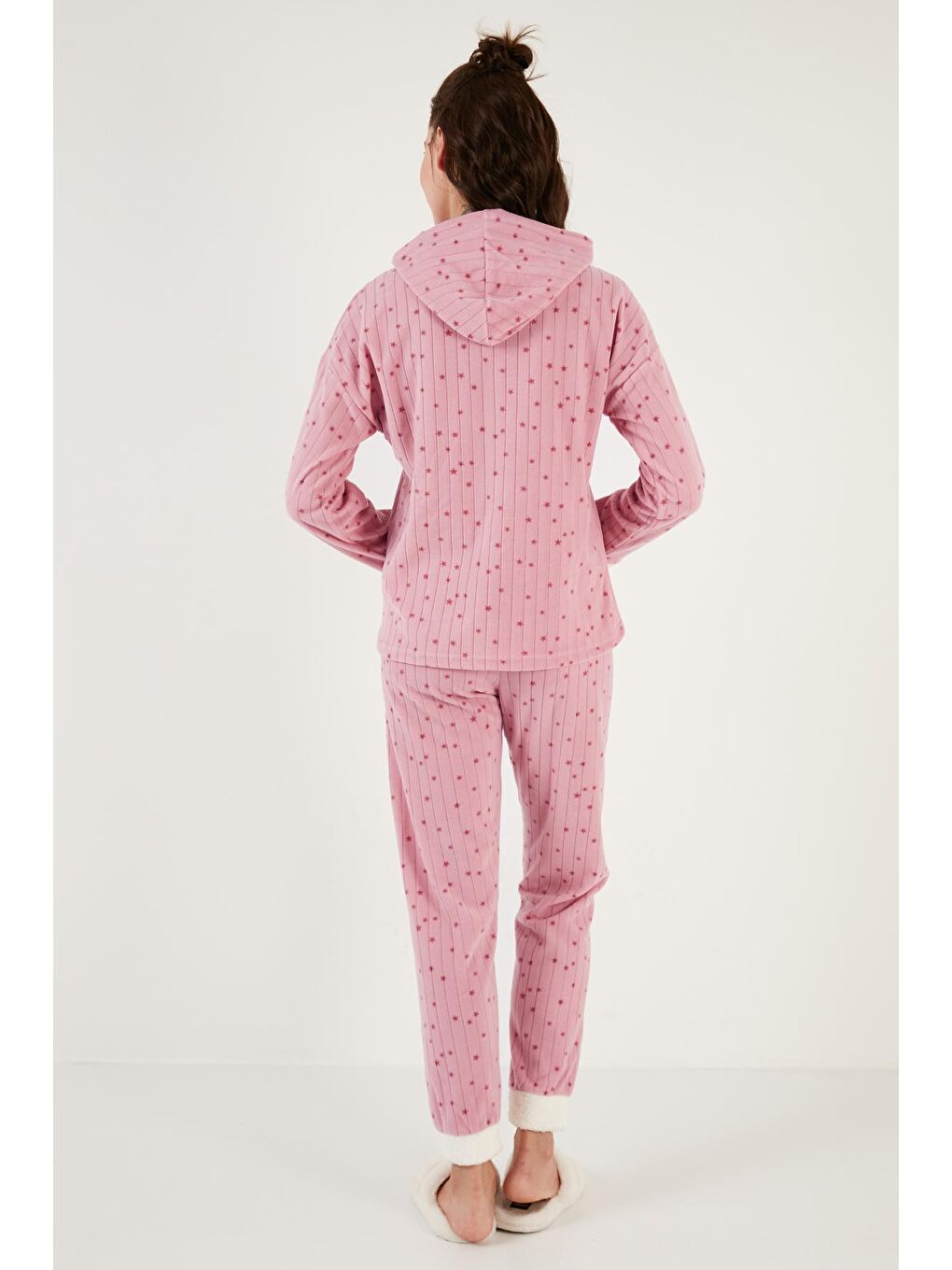 Lela Pudra Pembe Desenli Regular Fit Kapüşonlu Polar Pijama Takımı 6571004 - 4