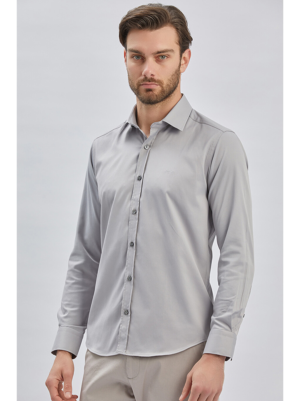 Gri Uzun Kollu Sert Yaka Cepsiz Pamuklu Elastanlı Klasik Slim Fit Dar Kesim Gömlek 1004240234-3