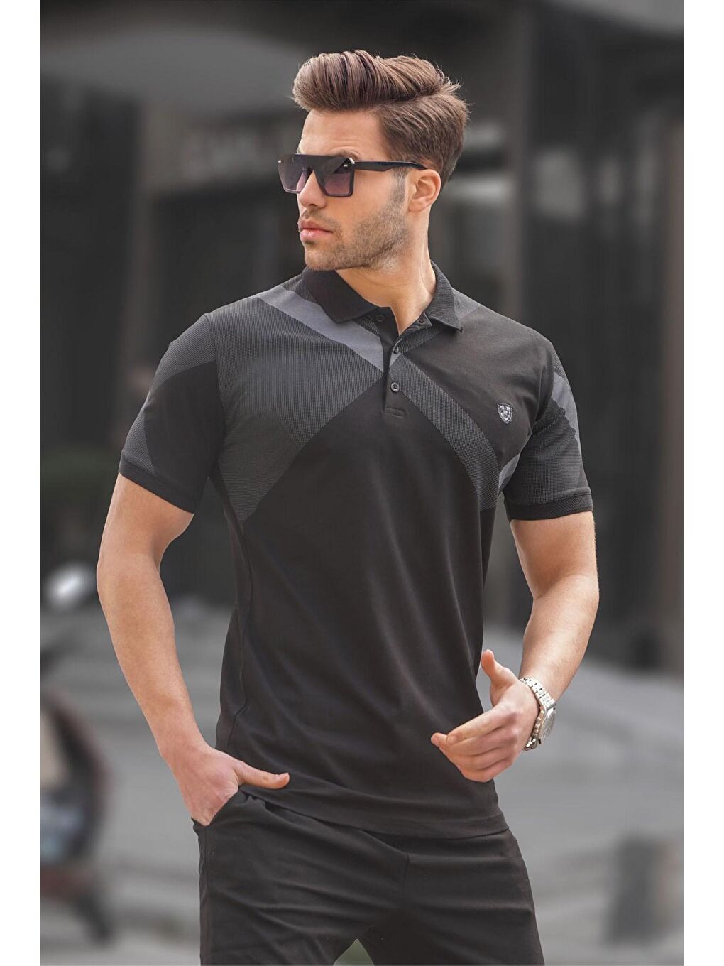 Siyah Desenli Polo Yaka Erkek Tişört 6081