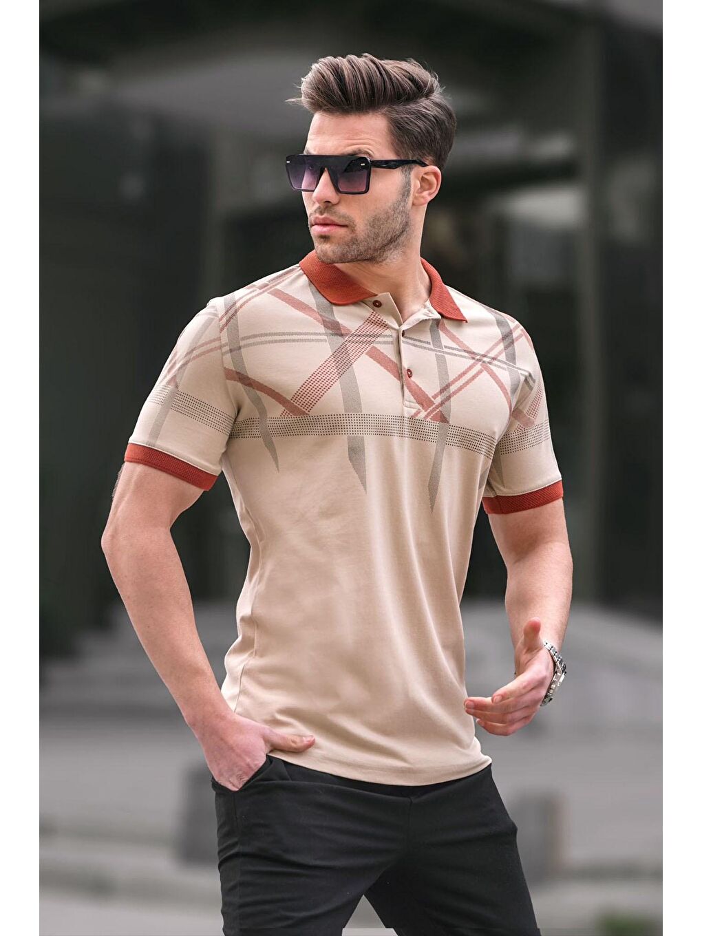 Bej Desenli Polo Yaka Erkek Tişört 6080