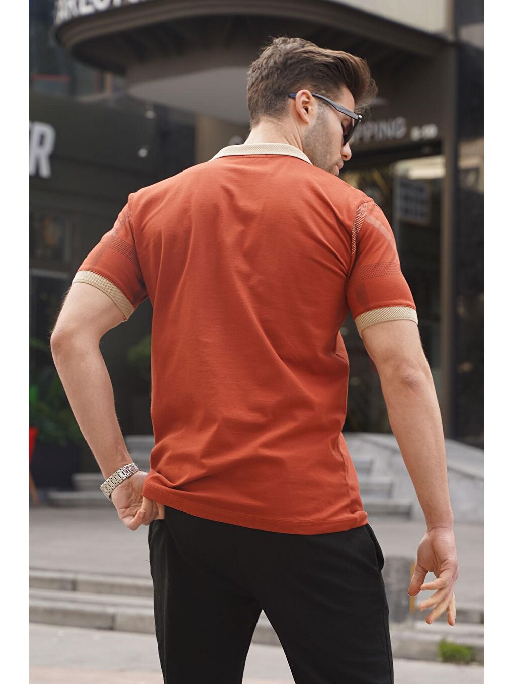 Kahverengi Kiremit Desenli Polo Yaka Erkek Tişört 6080-1