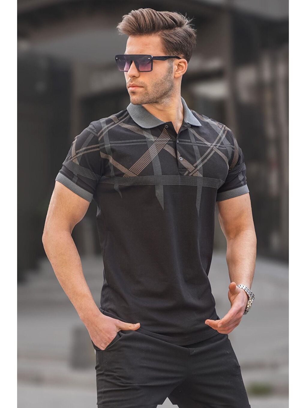 Siyah Desenli Polo Yaka Erkek Tişört 6080