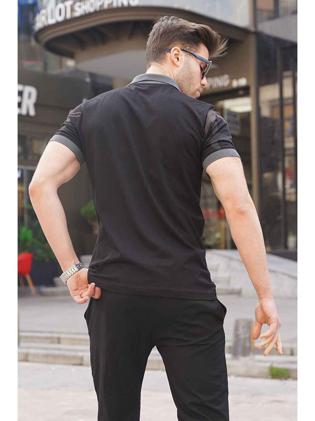 Siyah Desenli Polo Yaka Erkek Tişört 6080-1