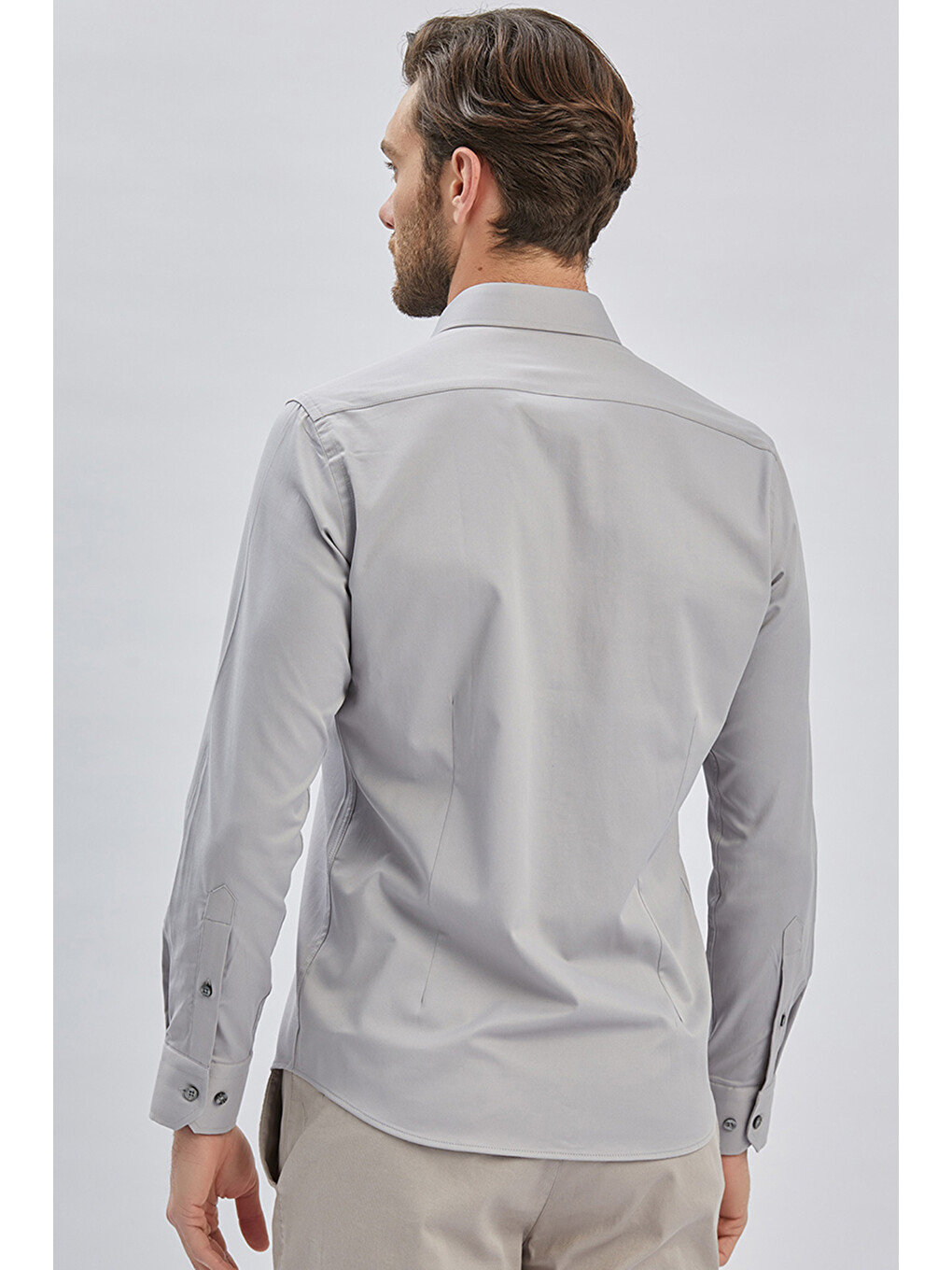 Gri Uzun Kollu Sert Yaka Cepsiz Pamuklu Elastanlı Klasik Slim Fit Dar Kesim Gömlek 1004240234-4
