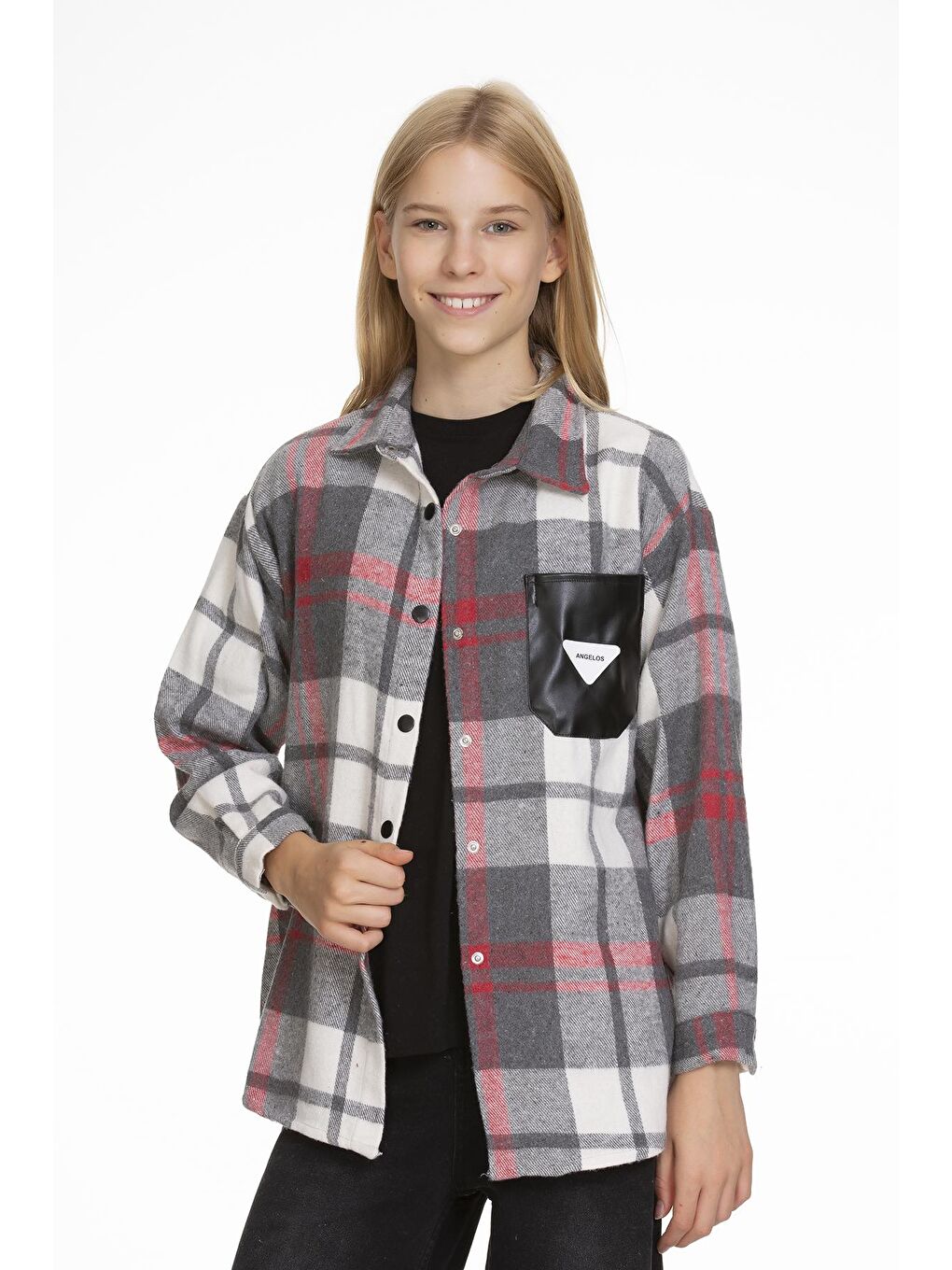 Gri Kız Çocuk Deri Cepli Ekose Gömlek 9-14 Yaş Lx147