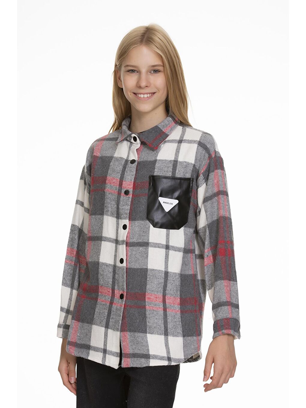 Gri Kız Çocuk Deri Cepli Ekose Gömlek 9-14 Yaş Lx147-1