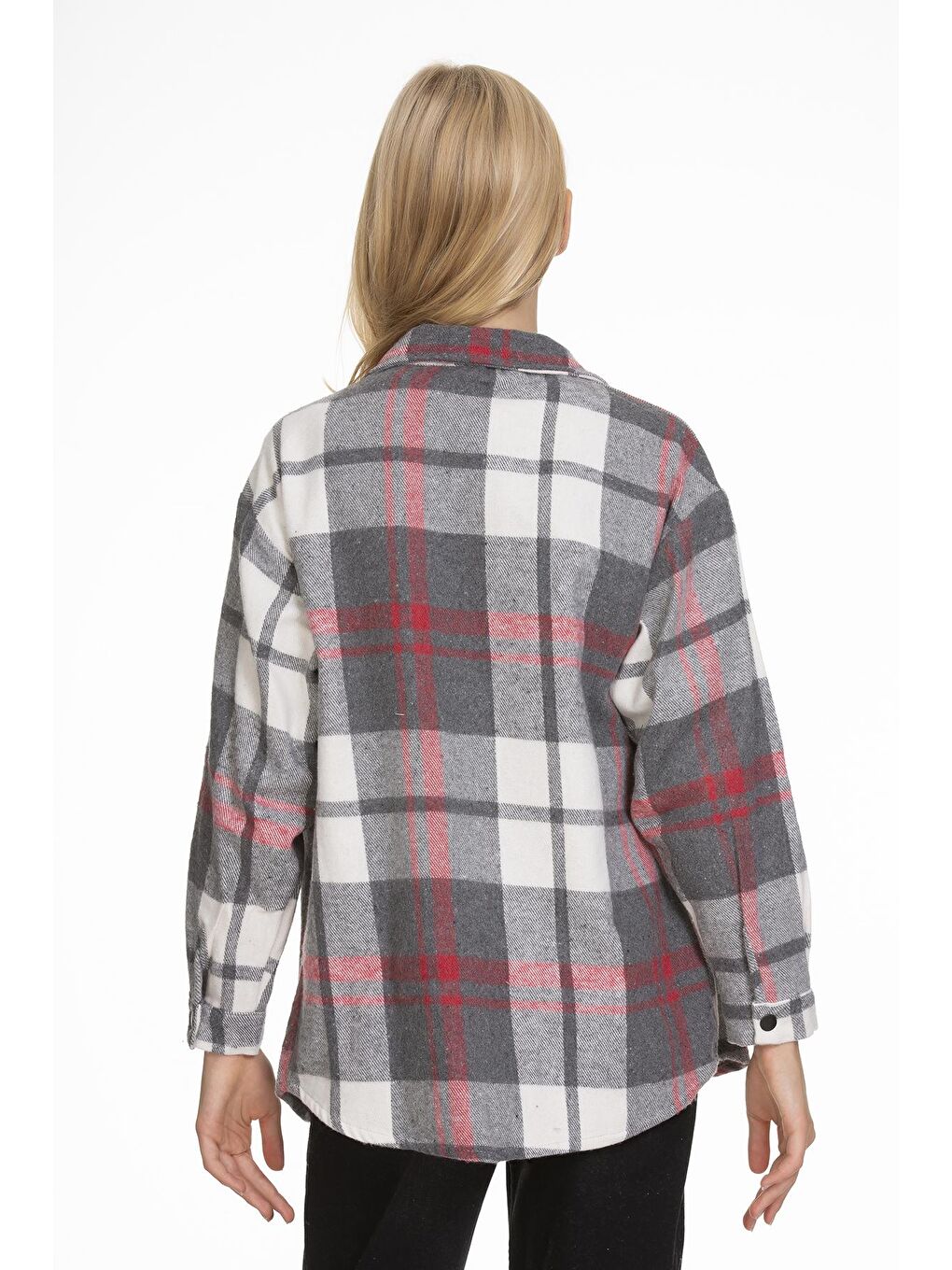 Gri Kız Çocuk Deri Cepli Ekose Gömlek 9-14 Yaş Lx147-3