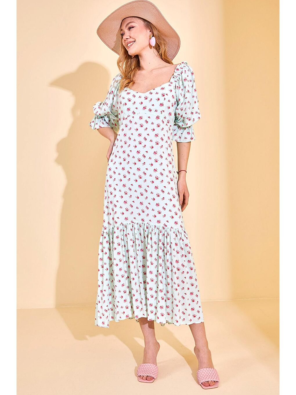 Turkuaz Su Yeşili Çiçek Desenli Midi Boy Elbise 3KXK6-46775-38-1