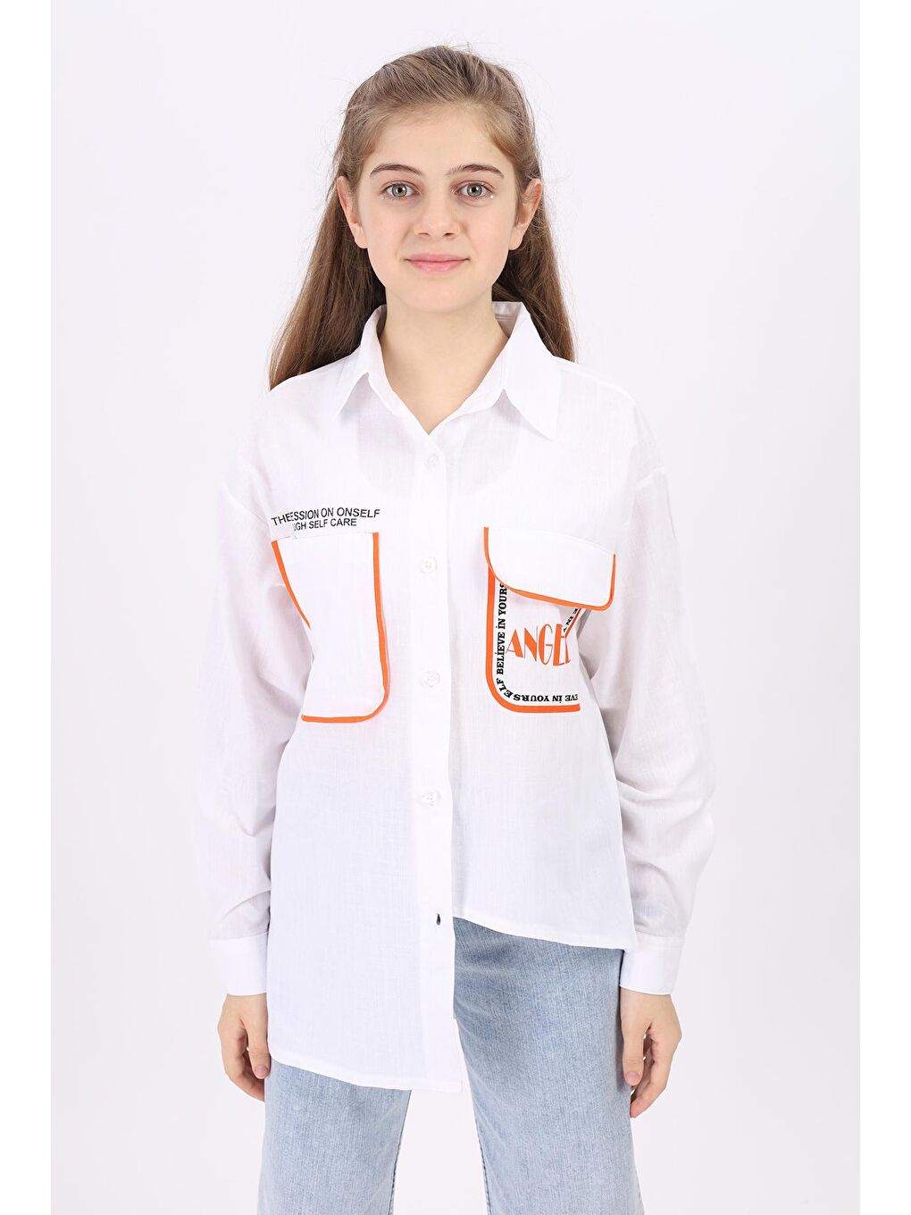 Beyaz Kız Çocuk Panelli Gömlek 9-14 Yaş Lx193-1