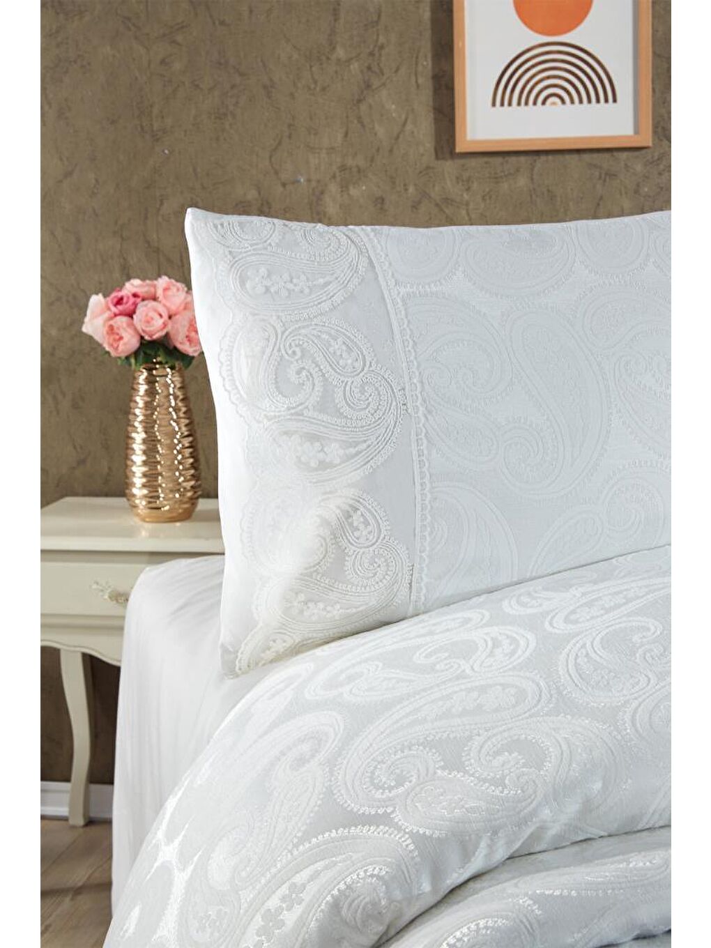 Ekru Şal 3 Parça Çift Kişilik Yatak Örtüsü Krem-3