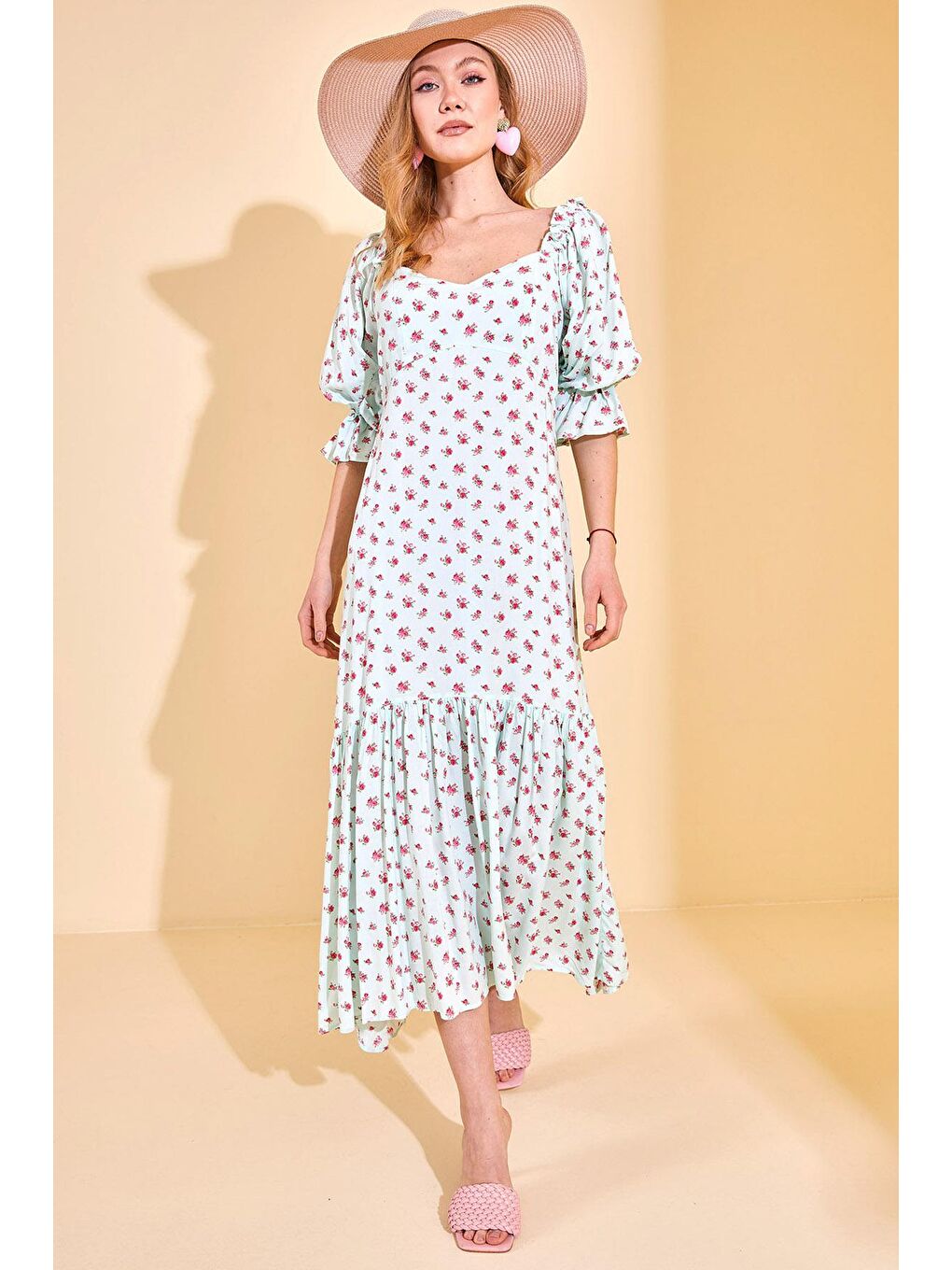 Turkuaz Su Yeşili Çiçek Desenli Midi Boy Elbise 3KXK6-46775-38-2