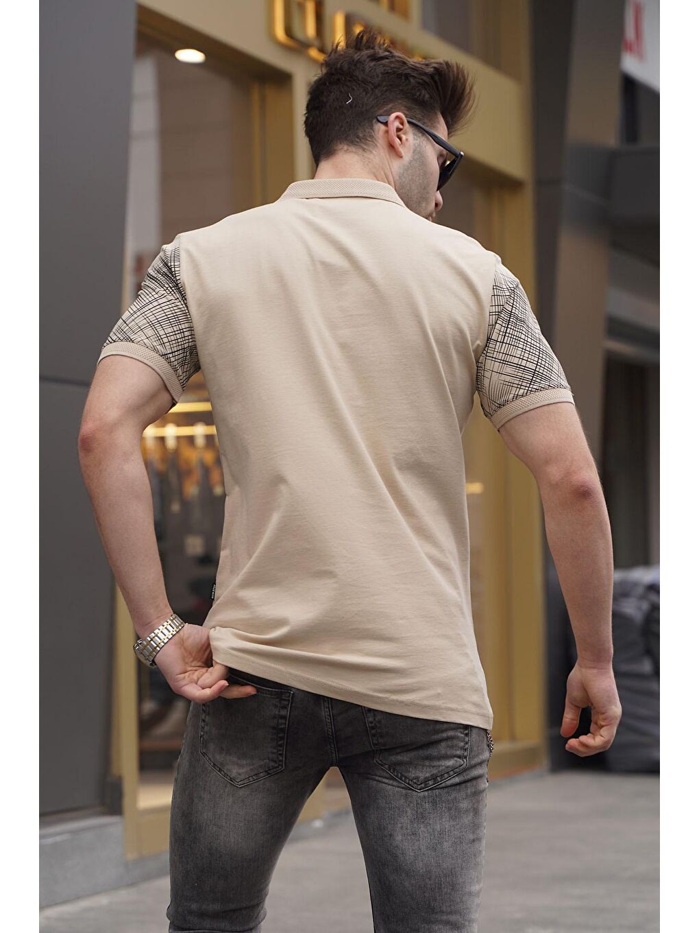 Bej Desenli Polo Yaka Erkek Tişört 6082-1